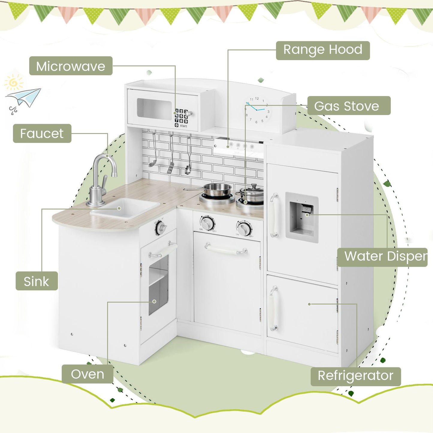 Kid'S Wooden Corner Play Kitchen with Ample Food Accessories
