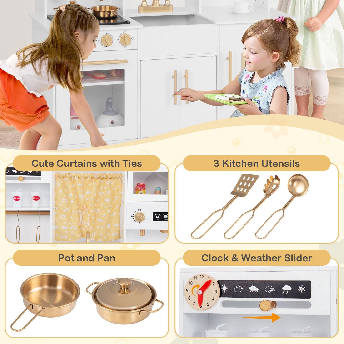 Kids Kitchen Playset with Coffee Maker and Stove Top and Golden Utensils