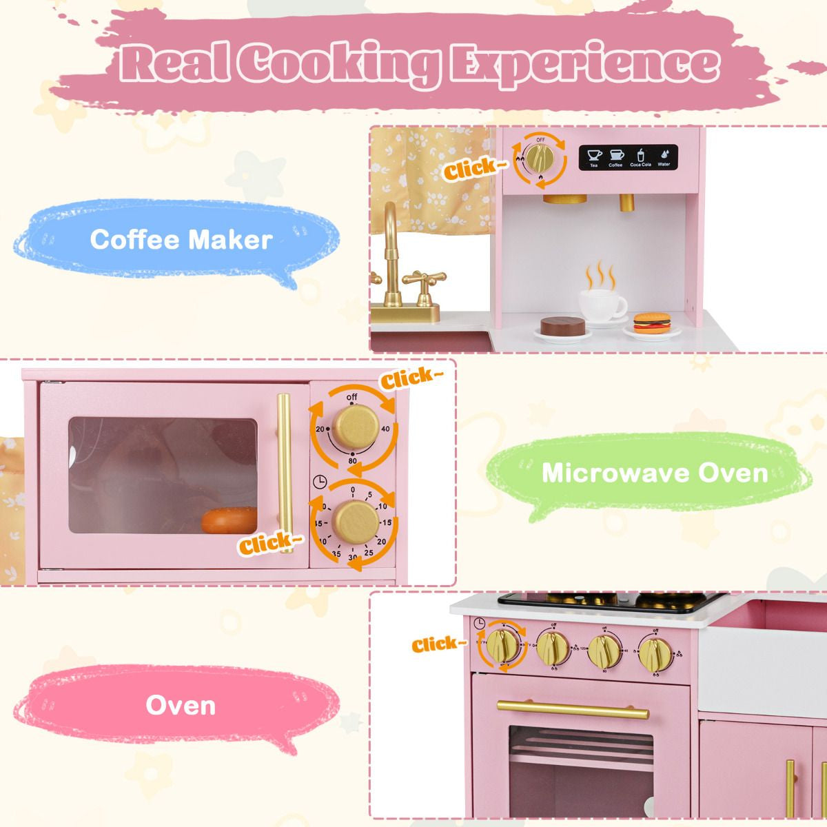 Kids Kitchen Playset with Coffee Maker and Stove Top and Golden Utensils