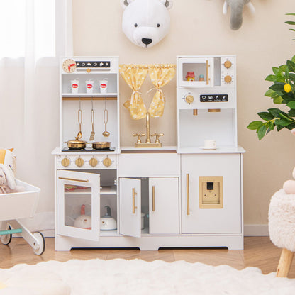 Kids Kitchen Playset with Coffee Maker and Stove Top and Golden Utensils