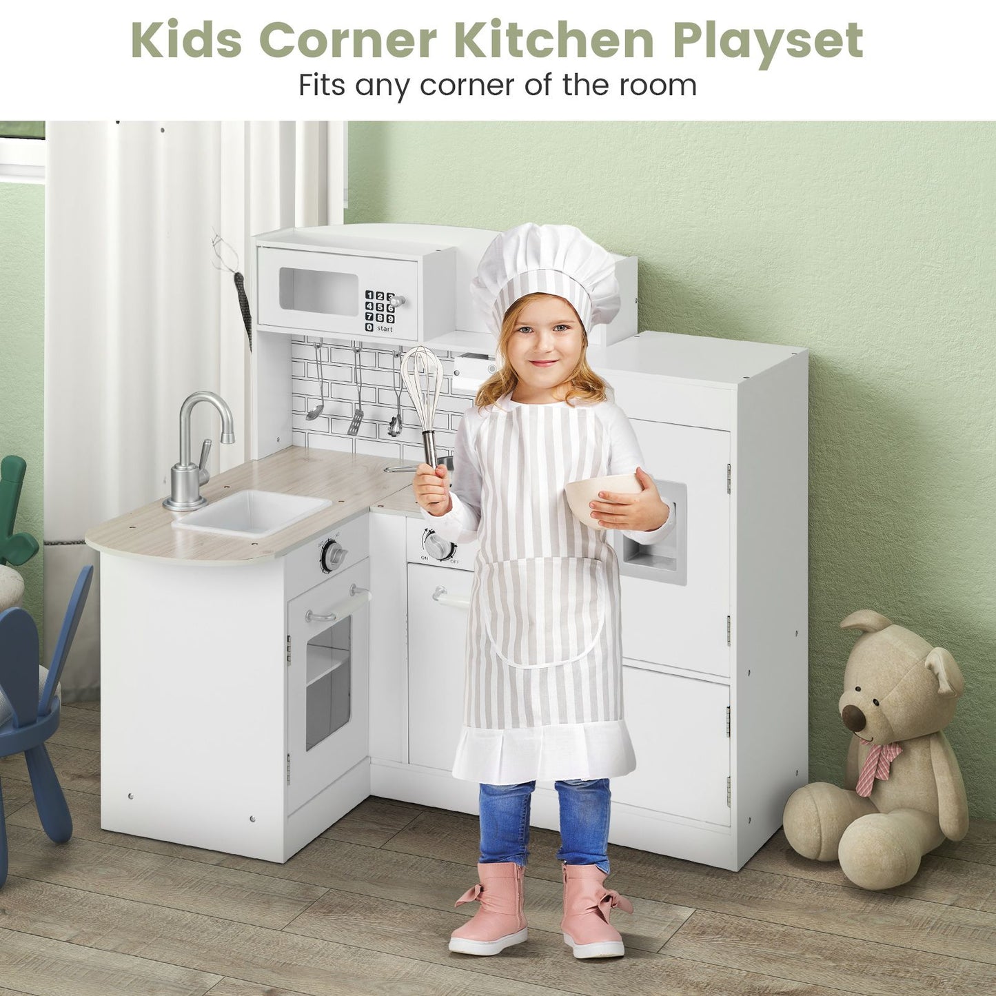 Kid'S Wooden Corner Play Kitchen with Ample Food Accessories