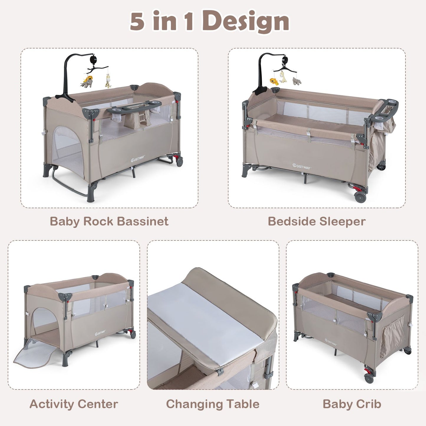 5-In-1 Baby Bassinet Bedside Sleeper with Diaper Changer and Hanging Toys