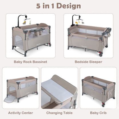 5-In-1 Baby Bassinet Bedside Sleeper with Diaper Changer and Hanging Toys