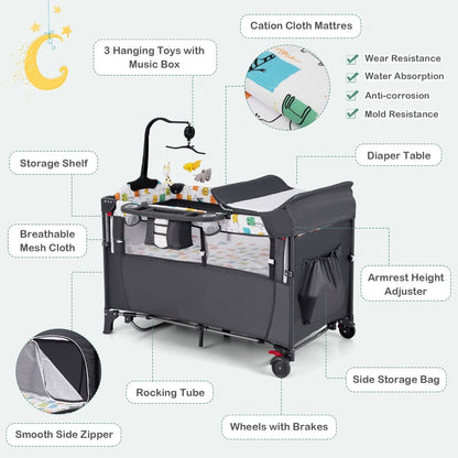 5-In-1 Baby Bassinet Bedside Sleeper with Diaper Changer and Hanging Toys