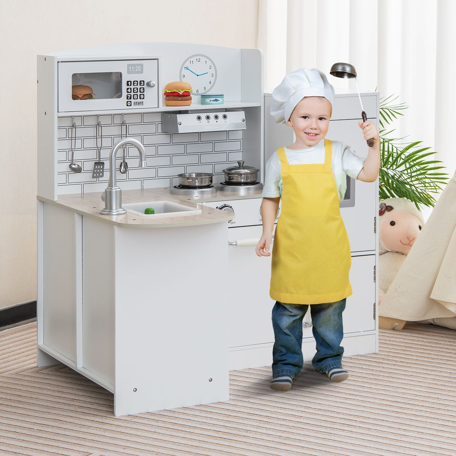 Kid'S Wooden Corner Play Kitchen with Ample Food Accessories
