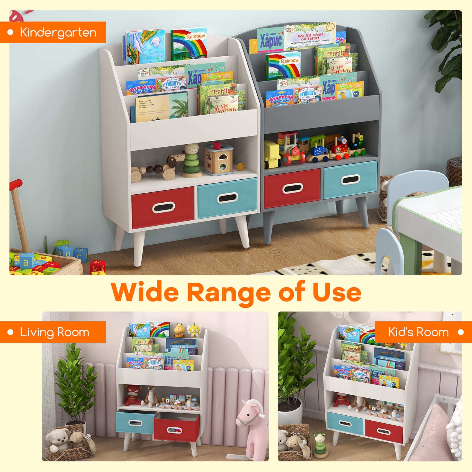 COSTWAY Kids Bookshelf Wooden Children’S Book Display Rack 3-Tier Bookshelves