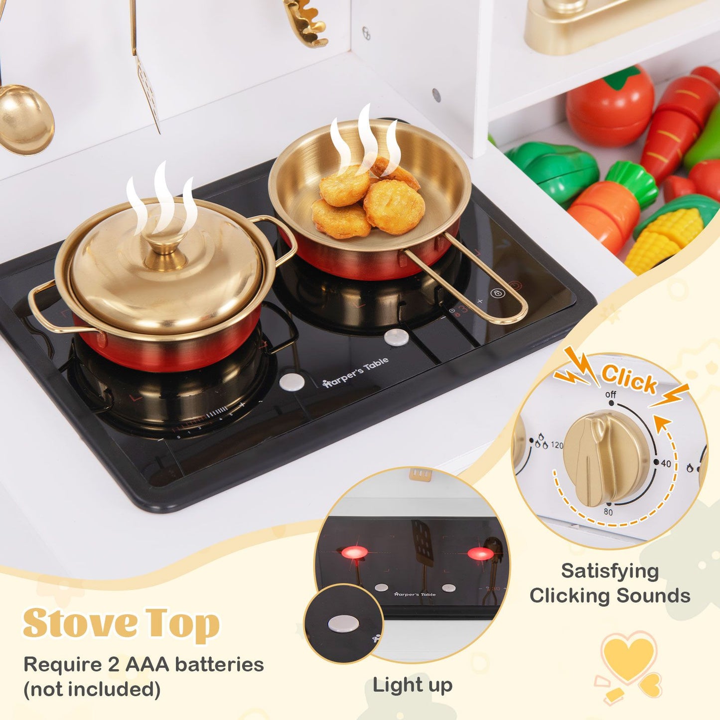 Kids Kitchen Playset with Coffee Maker and Stove Top and Golden Utensils