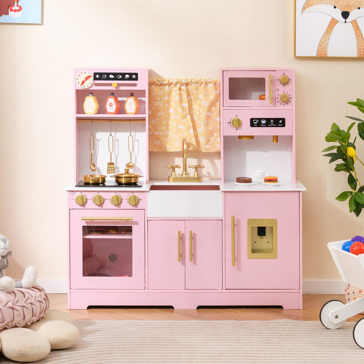 Kids Kitchen Playset with Coffee Maker and Stove Top and Golden Utensils