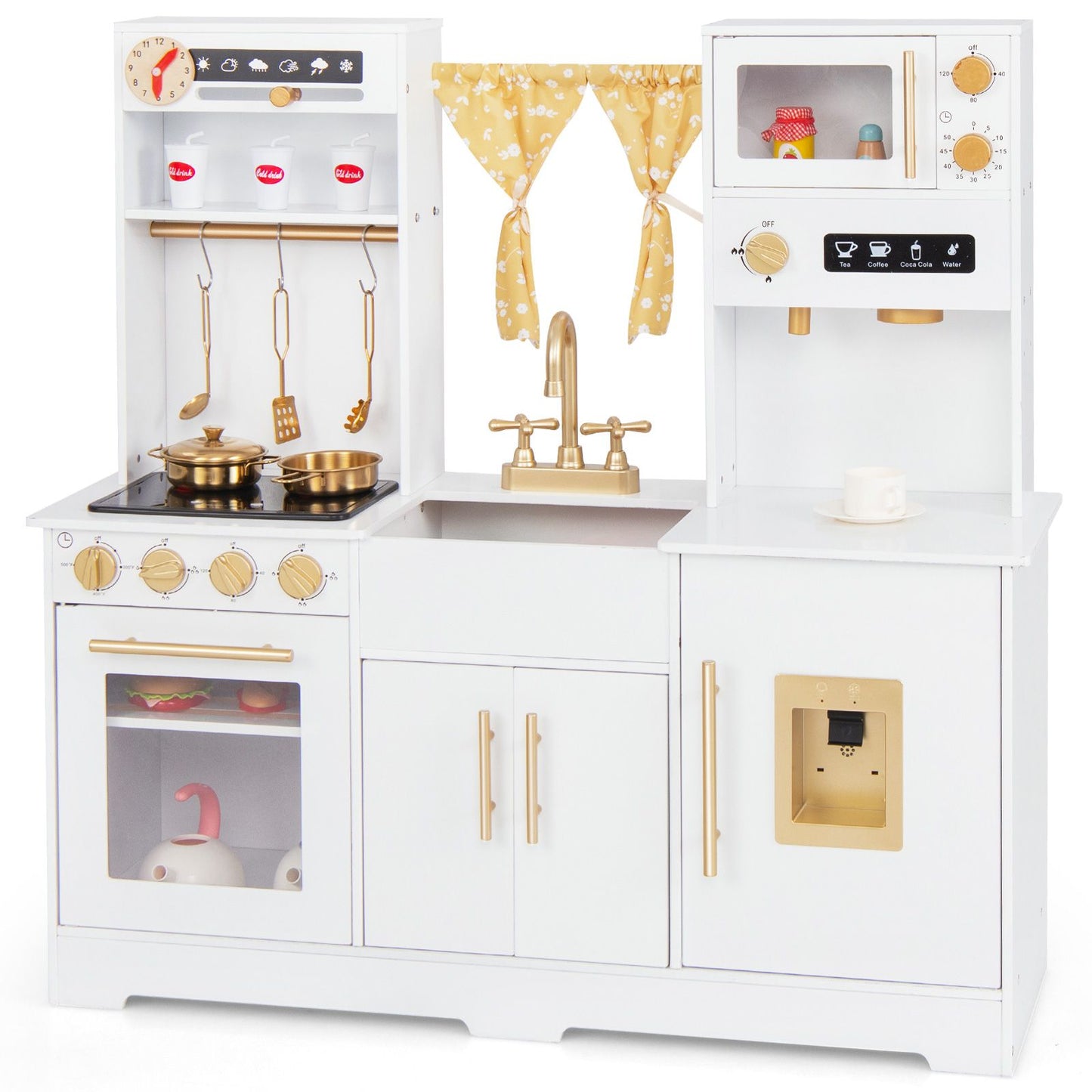 Kids Kitchen Playset with Coffee Maker and Stove Top and Golden Utensils
