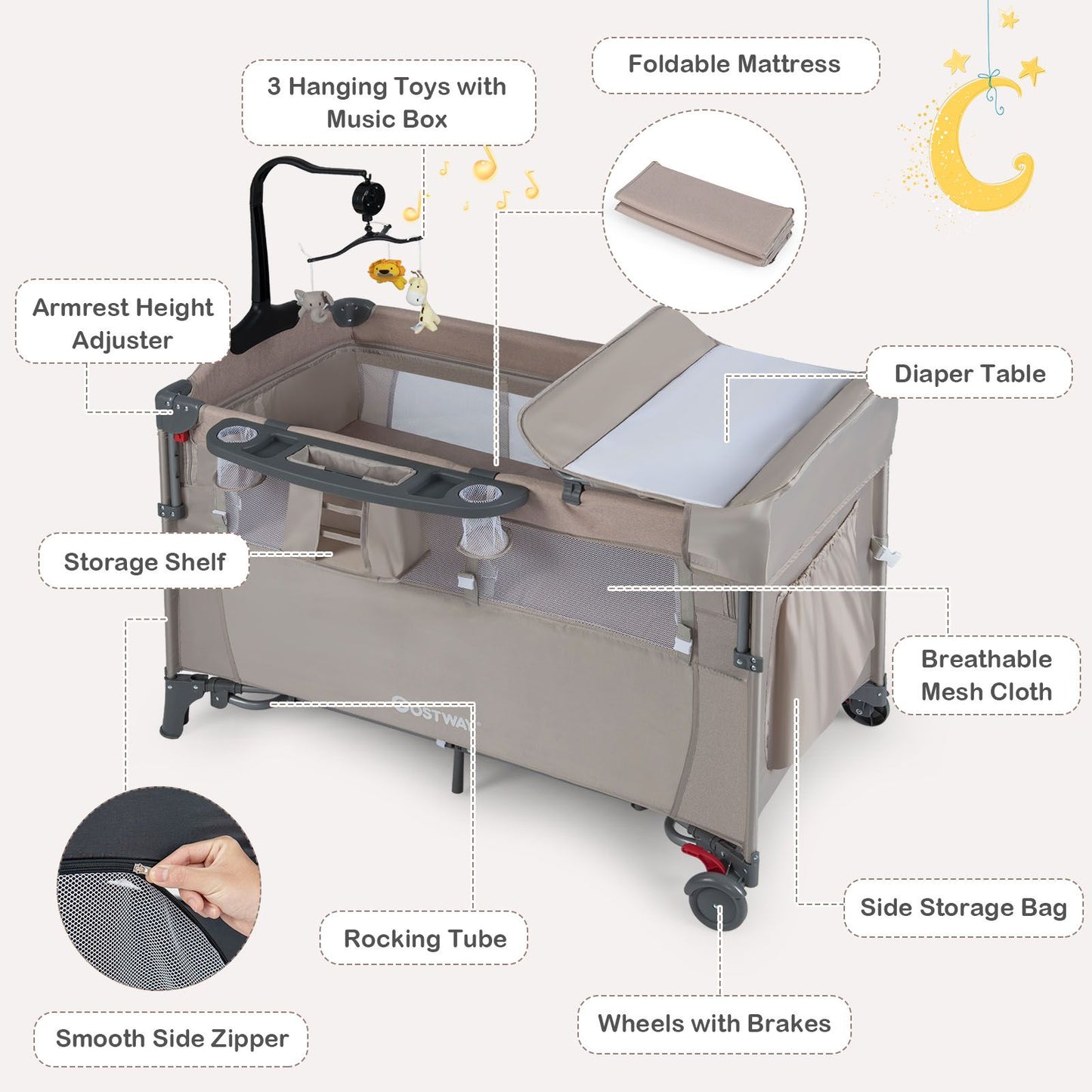 5-In-1 Baby Bassinet Bedside Sleeper with Diaper Changer and Hanging Toys