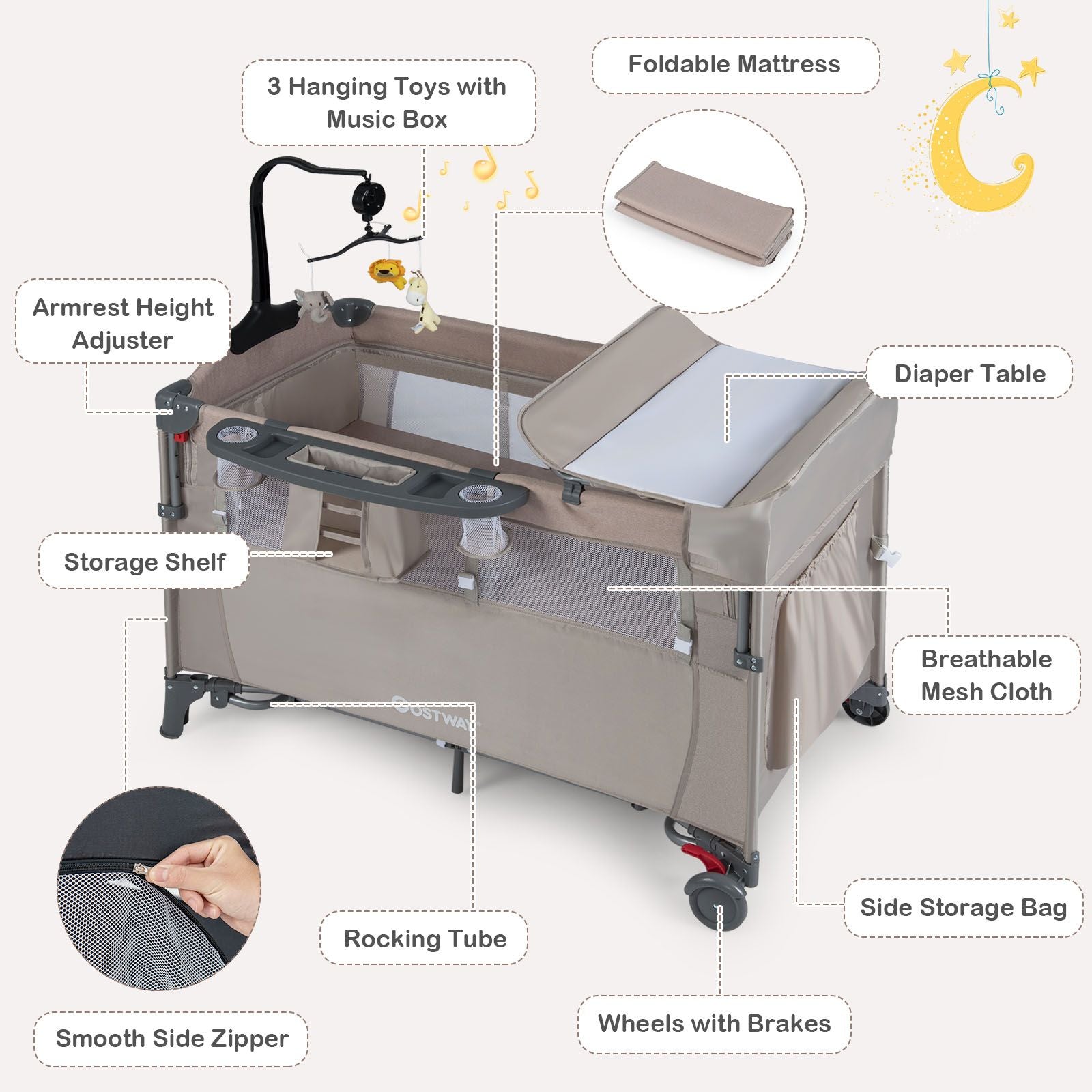 5-In-1 Baby Bassinet Bedside Sleeper with Diaper Changer and Hanging Toys
