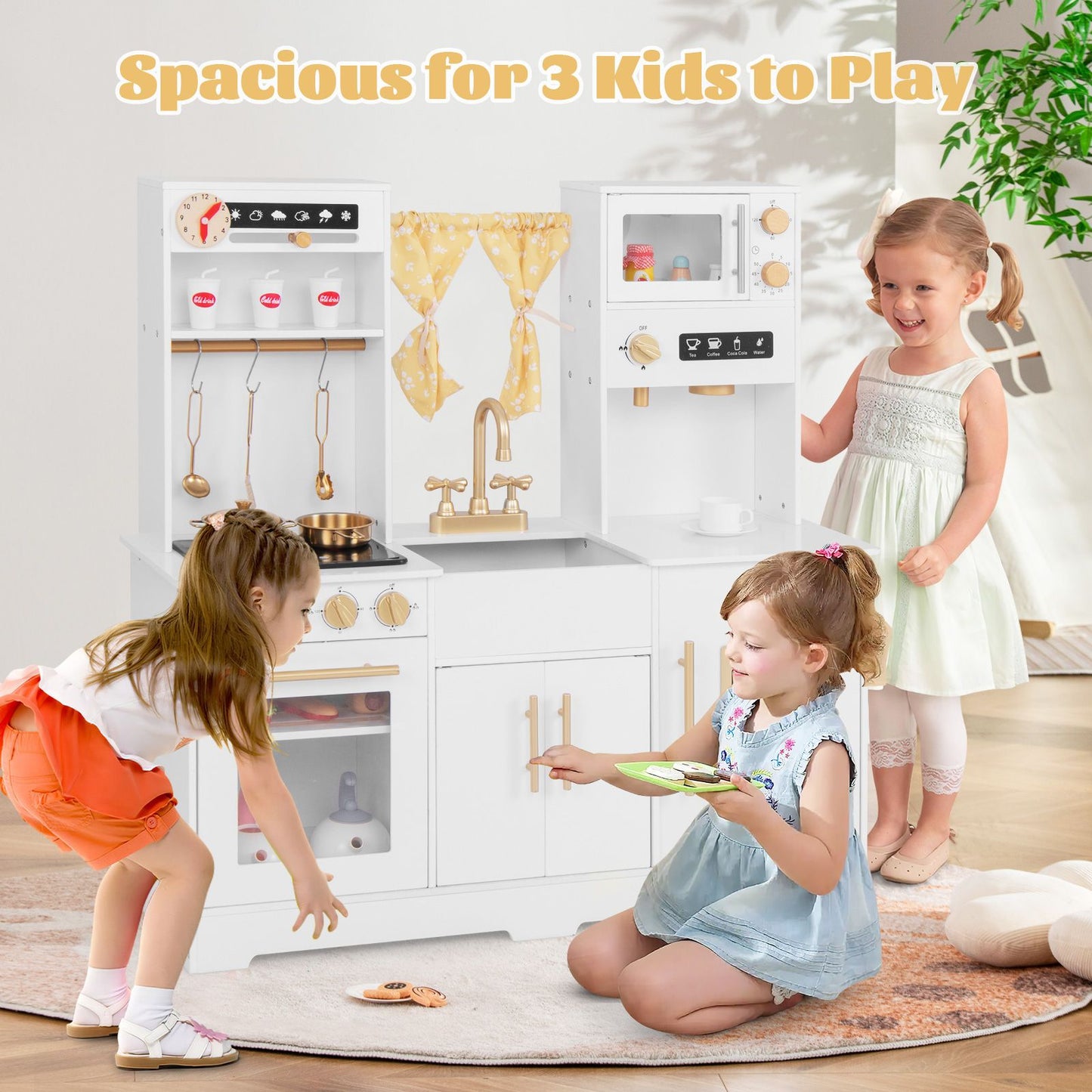 Kids Kitchen Playset with Coffee Maker and Stove Top and Golden Utensils