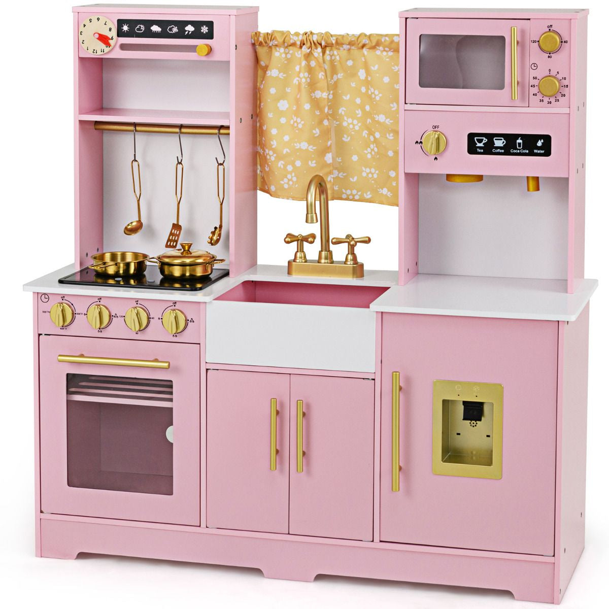 Kids Kitchen Playset with Coffee Maker and Stove Top and Golden Utensils