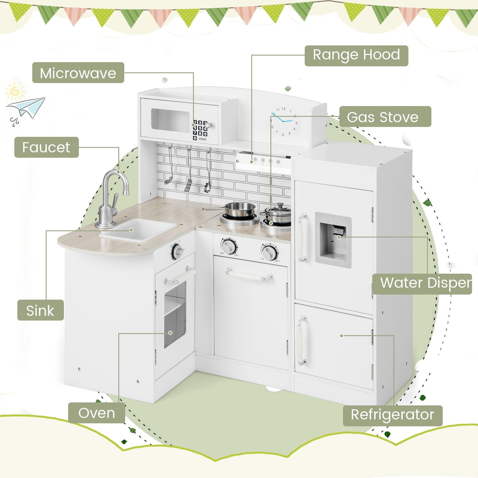 Kid'S Wooden Corner Play Kitchen with Ample Food Accessories