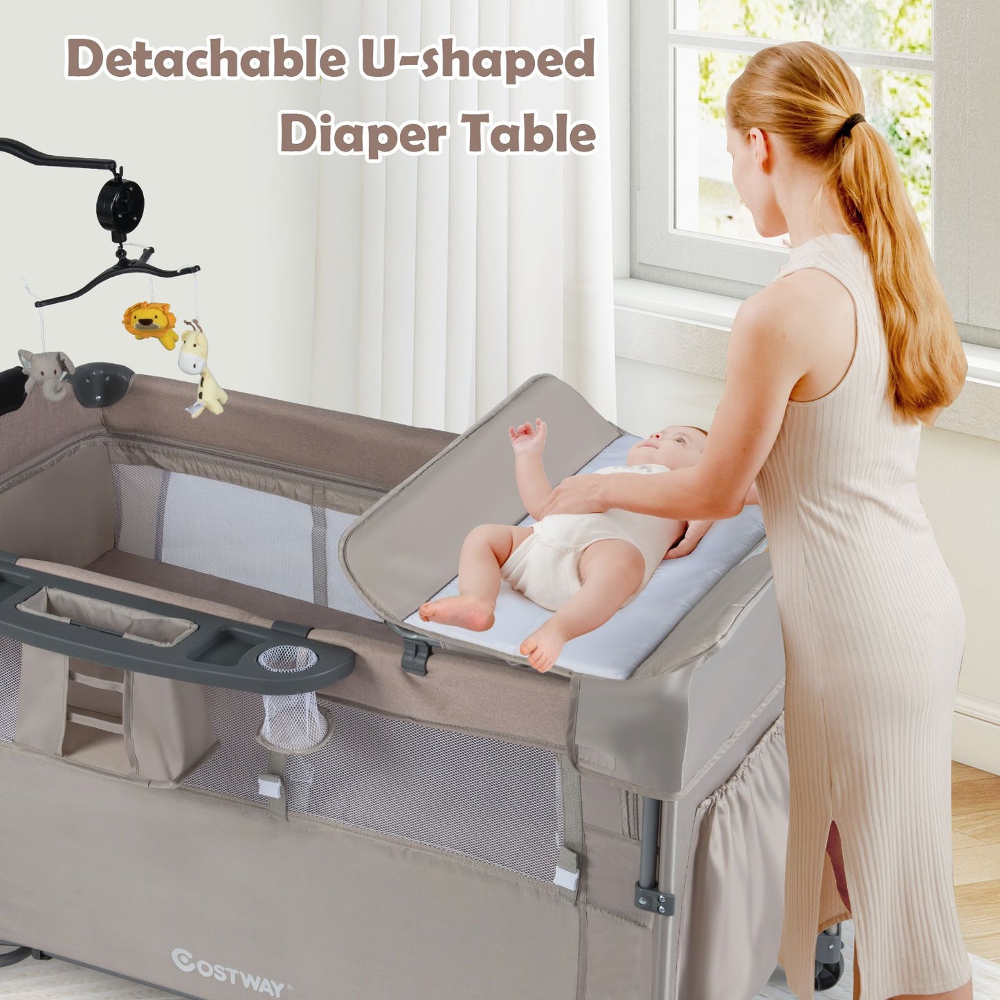 5-In-1 Baby Bassinet Bedside Sleeper with Diaper Changer and Hanging Toys