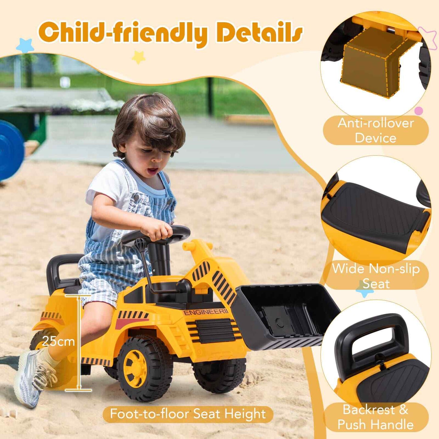 COSTWAY Engine Sound & Under-Seat Storage Sit and Scoot Construction Toy
