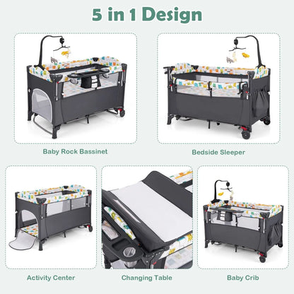 5-In-1 Baby Bassinet Bedside Sleeper with Diaper Changer and Hanging Toys