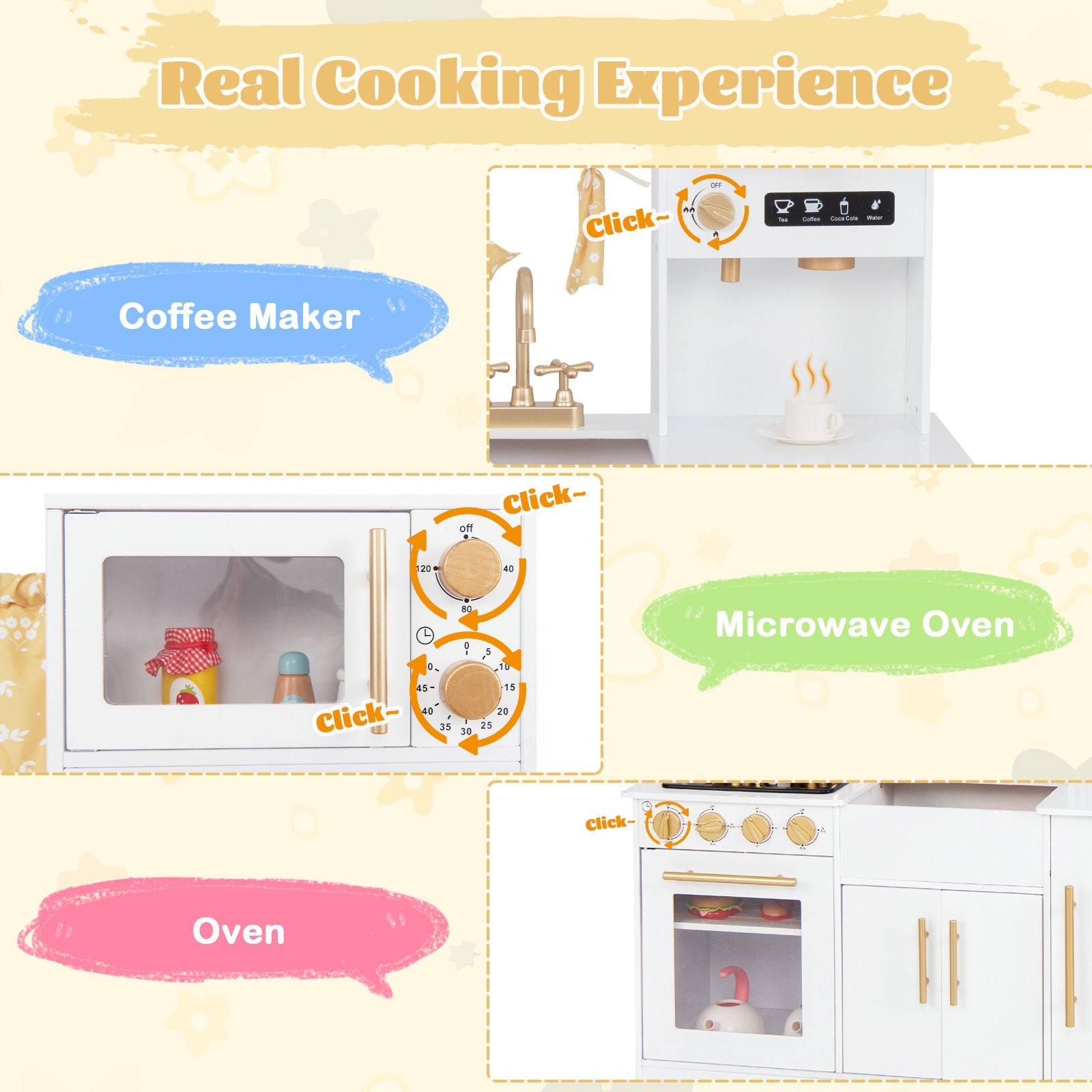 Kids Kitchen Playset with Coffee Maker and Stove Top and Golden Utensils