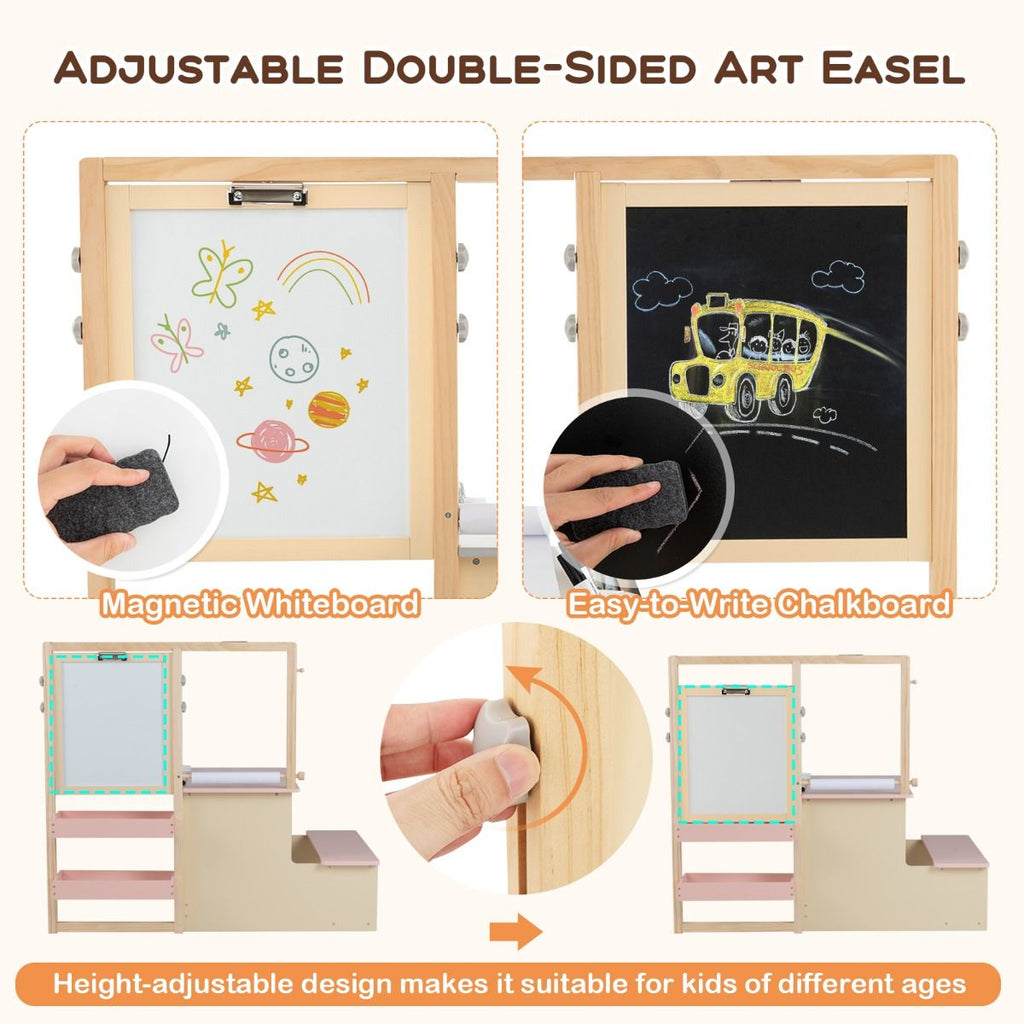 Kids Art Easel Table and Bench Set with Adjustable Easel and Bookshelf