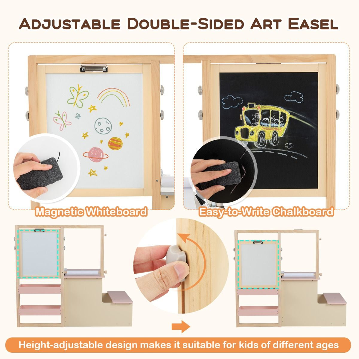 Kids Art Easel Table and Bench Set with Adjustable Easel and Bookshelf