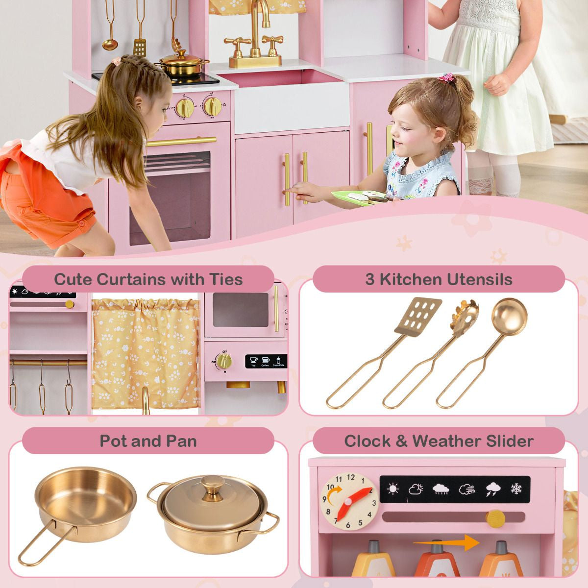 Kids Kitchen Playset with Coffee Maker and Stove Top and Golden Utensils