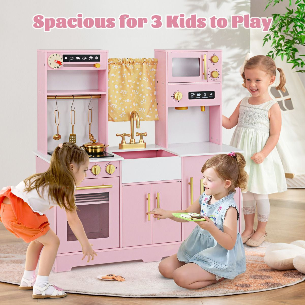 Kids Kitchen Playset with Coffee Maker and Stove Top and Golden Utensils
