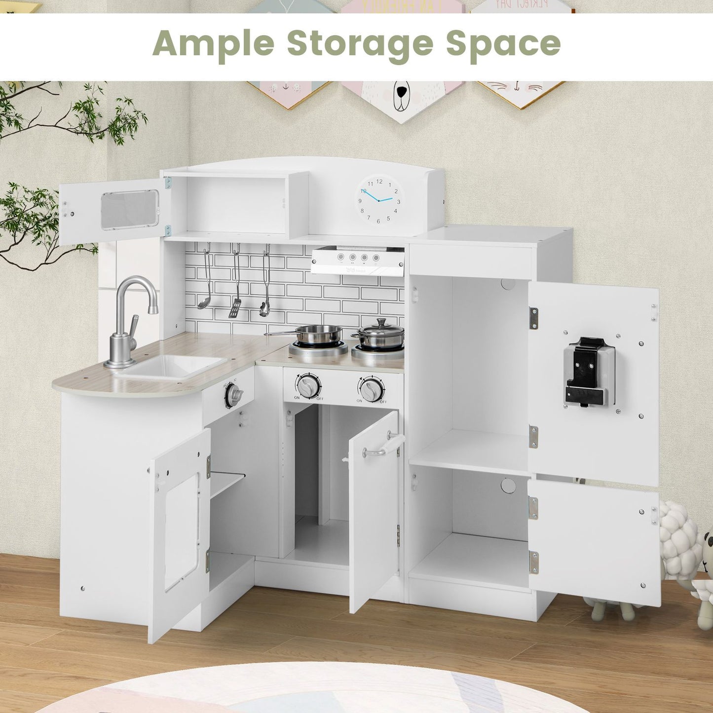 Kid'S Wooden Corner Play Kitchen with Ample Food Accessories
