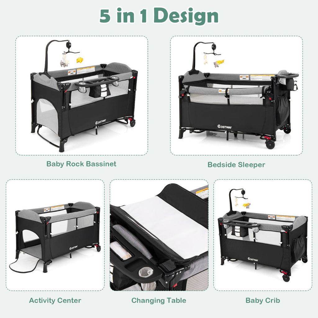 5-In-1 Baby Bassinet Bedside Sleeper with Diaper Changer and Hanging Toys