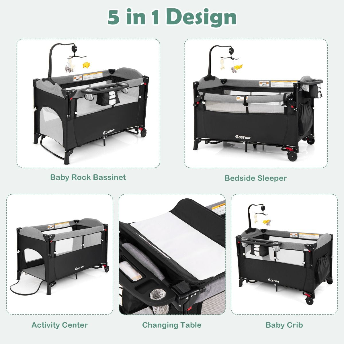 5-In-1 Baby Bassinet Bedside Sleeper with Diaper Changer and Hanging Toys