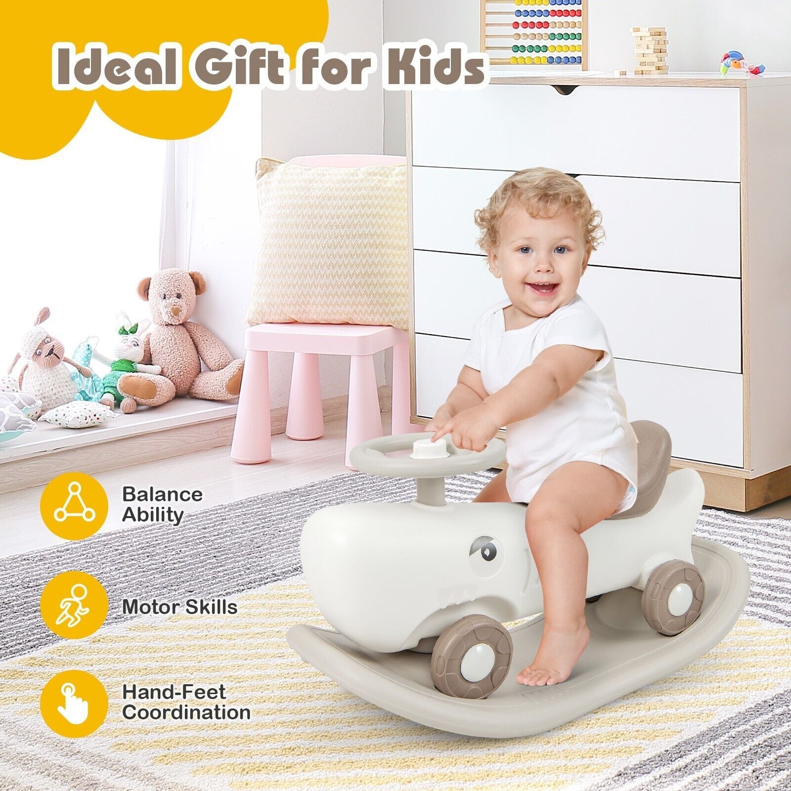COSTWAY Kids 3-In-1 Convertible Rocking Horse & Sliding Car Indoor Outdoor
