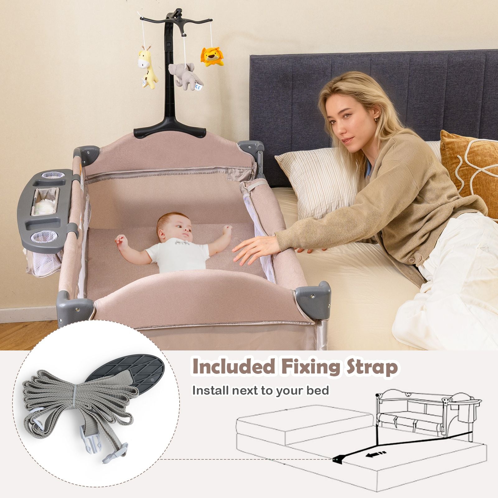 5-In-1 Baby Bassinet Bedside Sleeper with Diaper Changer and Hanging Toys