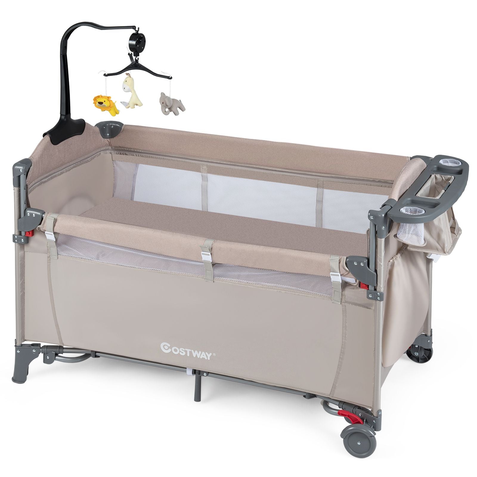 5-In-1 Baby Bassinet Bedside Sleeper with Diaper Changer and Hanging Toys