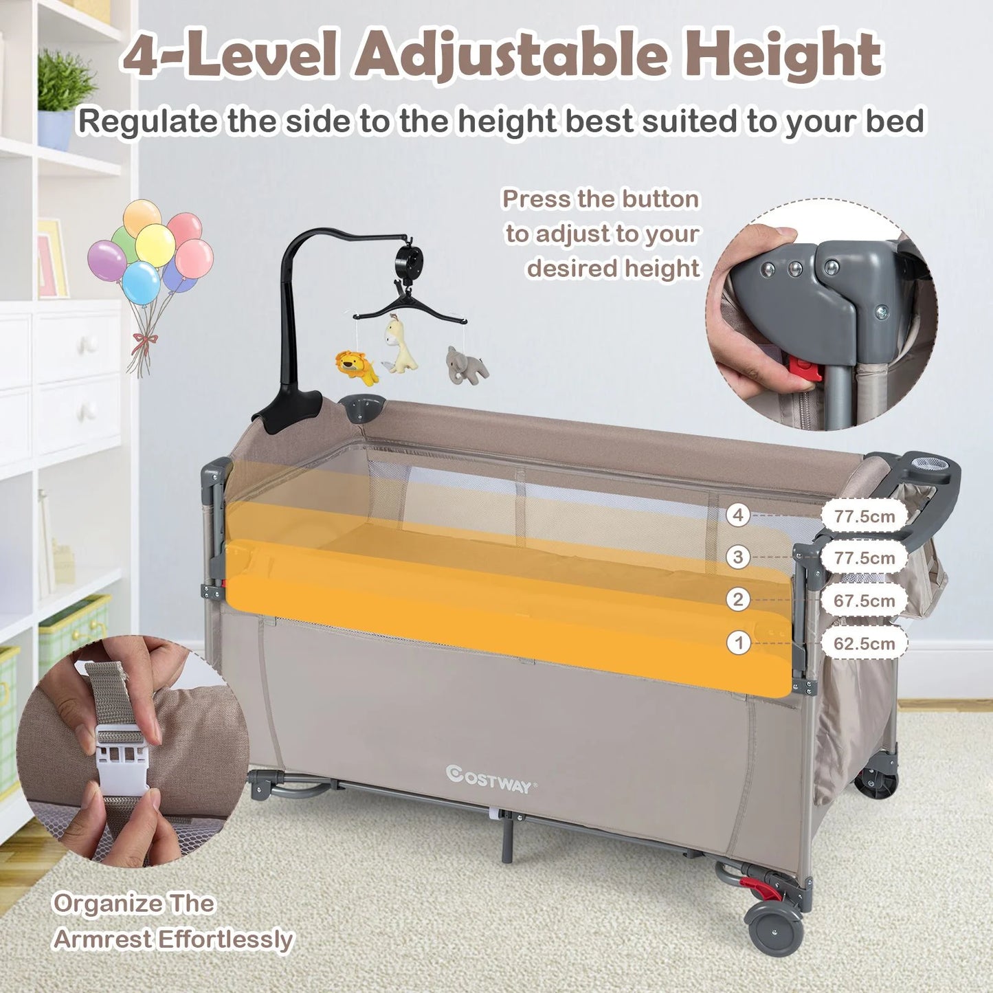 5-In-1 Baby Bassinet Bedside Sleeper with Diaper Changer and Hanging Toys