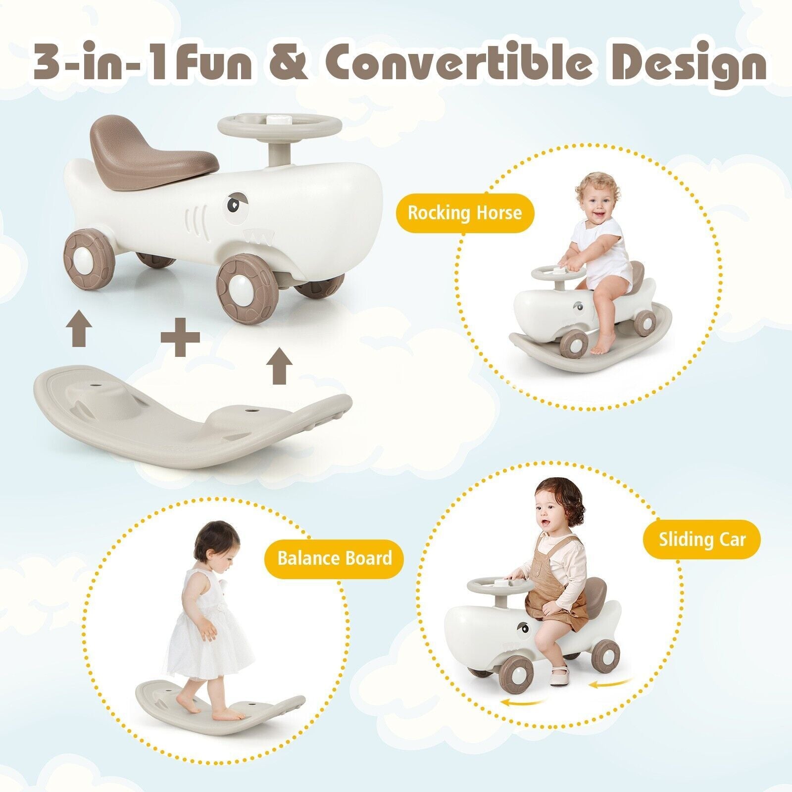 COSTWAY Kids 3-In-1 Convertible Rocking Horse & Sliding Car Indoor Outdoor