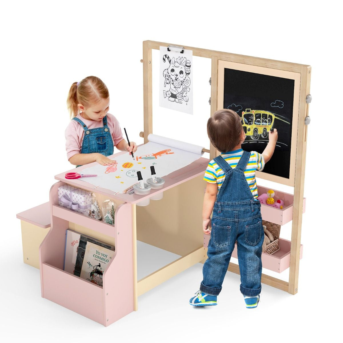 Kids Art Easel Table and Bench Set with Adjustable Easel and Bookshelf